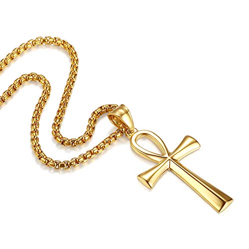 REVEMCN Reve Stainless Steel Coptic Ankh Cross Religious Pendant Necklace for Men Women, 20-24 Inches Chain - style: Gold Tone: 24'' Rolo Chain
