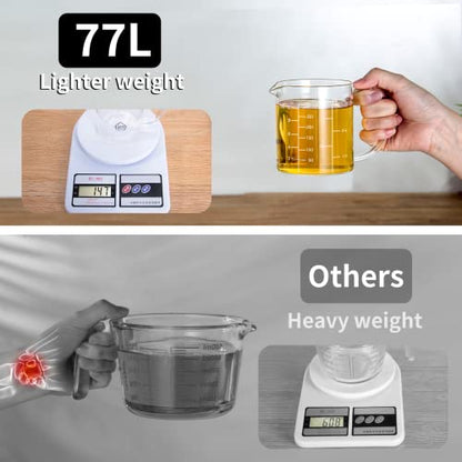 77L Glass Measuring Cup, 300 ML Clear Liquid Measuring Cup with V-Shaped Spout and Three Scales, High Borosilicate Glass Beaker with Handle for Kitchen or Restaurant (0.3 Liter, 1 1/4 Cup)