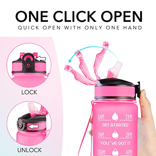 Hyeta Water Bottle with Straw & Time Marker, Plastic 32oz Leakproof | Motivational Tritan BPA Free Gym Office Outdoor Intake Tracker Hourly Reminder Straw Lid Carry Strap - color: Pink-Green