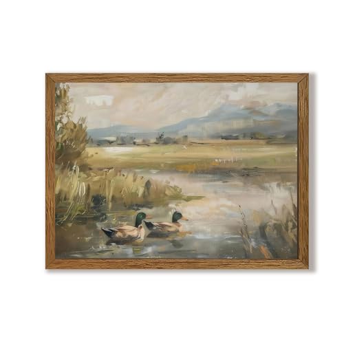 Urmoya Mallard Ducks Rustic Lake House Framed Canvas Wall Art, 12x16 Inch - color: Mallard, size: 16"L x 12"W