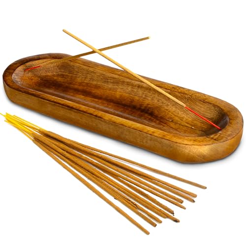 Incense Holder-Incense Burner/Ash Catcher-Handmade Wooden Insence Tray Home Decor 11x4x1.2 Inches - style: PLAIN BROWN