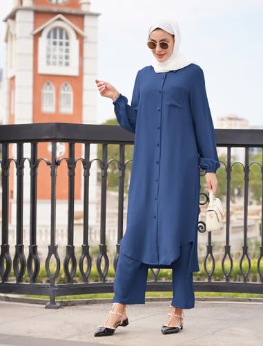 ODIZLI Women's Muslim 2 Pieces Sets Long Sleeve Button Down Shirt and Pants Abaya Casual Dress Dubai Outfits - color: Navy Blue, size: Medium