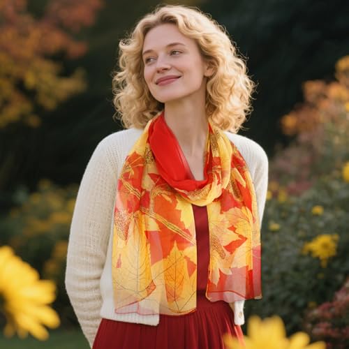 E-Clover Women Soft Floral Print Shawl Chiffon Sheer Scarf - color: Red Orange Leaves