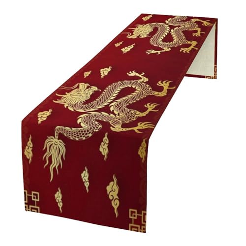 Chinese Dragon Table Runner, Happy Chinese New Year Asian Golden Dragon Cloud Print Table Runner for Home Party Kitchen Dining Table Decor, 13x36inch - color: Asian-10, size: W13"x L36"