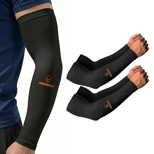 ARMORAY Arm Sleeves for Men and Women - UV Sun Protection Cooling Compression - Tattoo Cover Up Sleeve for Daily Wear & Work - color: Black (2 Pair)