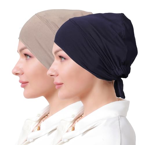 Women Under Hijab Cap Islamic Underscarf Turbans for Women Solid Color Hijab Bonnet Caps Muslim Scarf Inner Cap - color: Navy+light Khaki