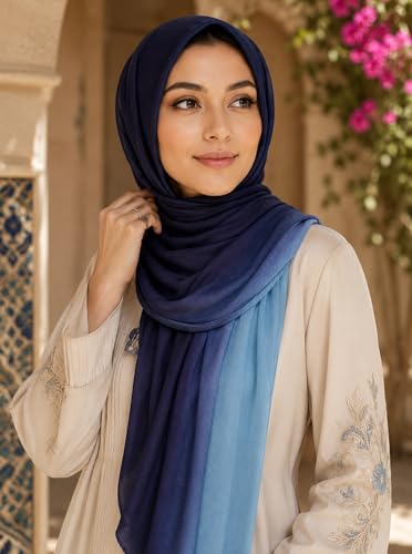 Gradient Dual Color Scarf，Elegant Ombre Headwraps Hijab, Modal Cotton Feel Lightweight Sunscreen Shawls for Women - color: 1#navyblue