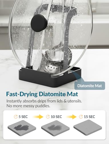 NiHome Pot Lid & Spoon Rest, Diatomite Tray Ladle Holder, Stove Top, Black | Quick-Absorb Diatomite Base & Anti-Slip Silicone Pad Keep Counters Dry While Holding Lids & Utensils Upright - color: Medium Black, size: with diatomite