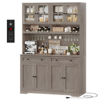 HOSTACK Kitchen Pantry Storage Cabinet, Coffee Bar Hutch Cabinet, Ash Gray | 75.4" Tall Pantry Cabinet with Charging Station / Countertop / Glass Doors / Wine Rack / Cup Holder / Drawers, Dining Room - color: Ash Gray