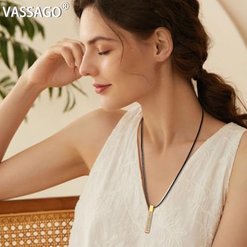 VASSAGO Islamic Ayatul Kursi Necklace for Women Men Stainless Steel/Leather Chain Muslim Allah Arabic 3D Bar Pendant Islam Eid Ramadan Gift Jewelry - color: Leather Rope Necklace