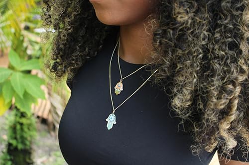 14K Solid Gold Pendant Necklace Hand-Painted Abstract Hamsa Hand and Allah Calligraphy (Evil Eye) - Gift for Men, Women, Daughter, Son, Unisex Adults, Kids - color: Green Evil Eye in Hamsa Hand, style: Pendant w/ Cuban Link 20"