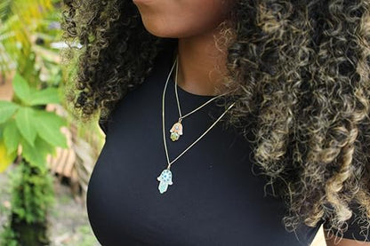 14K Solid Gold Pendant Necklace Hand-Painted Abstract Hamsa Hand and Allah Calligraphy (Evil Eye) - Gift for Men, Women, Daughter, Son, Unisex Adults, Kids - color: Green Evil Eye in Hamsa Hand, style: Pendant w/ Cuban Link 20"