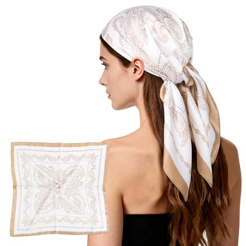 27" Head Scarf Like Satin Silk for Women,Hair Scarves Bandana,Headband Silk Feeling for Hair Wrap - color: White Gold