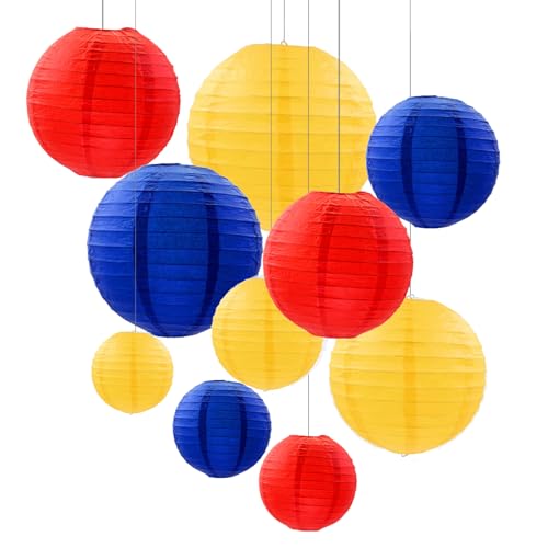 ZOOYOO 10Pcs Paper Lanterns,Red Blue Yellow Round Hanging Tissue Paper Lanterns Decorations for Kids Birthday,Party Garden Home Decor - color: Blue Yellow Red