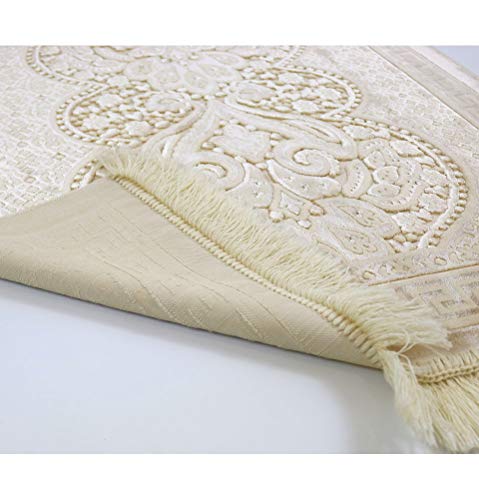 Modefa Luxury Velvet Prayer Rug with Prayer Beads | Soft Elegant Muslim Turkish Janamaz Sajada Carpet for Men and Women | Plain Solid Prayer Mat Ramadan Eid Gift - Paisley (Golden Ivory) - color: Golden Ivory