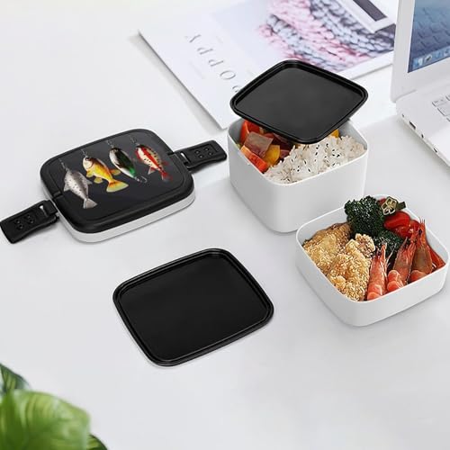 Various Type of Fishing Baits Lunch Box Snack Containers with Lids, 2 Compartment Snackle Box Container, Leak-Proof Reusable Food Storage Container for Travel, Meal Prep, Camping, 1000ml
