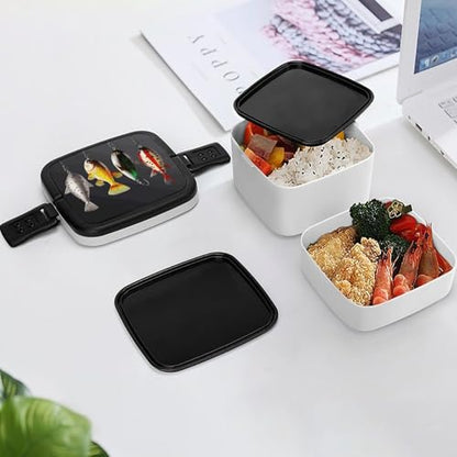 Various Type of Fishing Baits Lunch Box Snack Containers with Lids, 2 Compartment Snackle Box Container, Leak-Proof Reusable Food Storage Container for Travel, Meal Prep, Camping, 1000ml