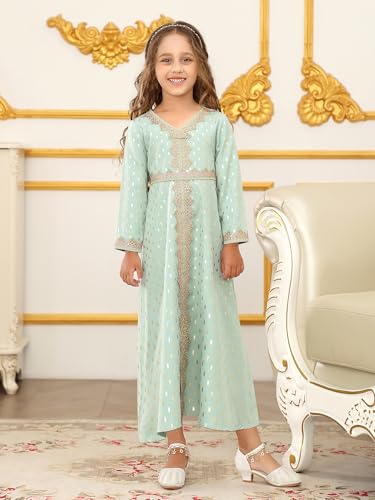 ABAO SISTER Girls Muslim Ramadan Abaya Kids Long Sleeve V Neck Prayer Dress Middle East Arabic Dubai Attire Kaftan Dress - color: Green, size: 4