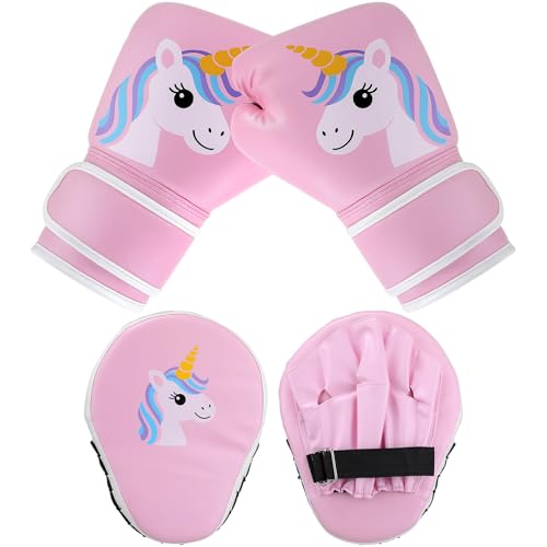 Boxing Gloves and Punching Mitts Set 4oz Gloves Boxing Pads Kids Youth Sparring Gear Training Equipment for Taekwondo Kick Karate Muay Thai MMA Martial Art - style: Pink Unicorn
