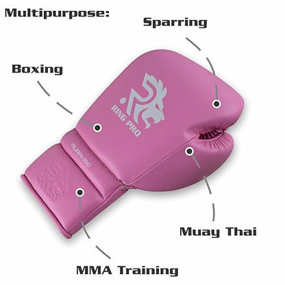 Aura 100 Full Grain Leather Lace Up Boxing Gloves for Men & Women – Professional Training, Sparring, Competition, Muay Thai, Kickboxing & Heavy Bag Gloves - color: Pink, size: 10 OZ