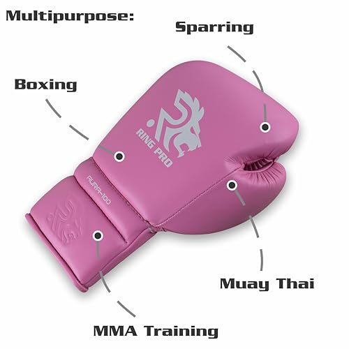 Aura 100 Full Grain Leather Lace Up Boxing Gloves for Men & Women – Professional Training, Sparring, Competition, Muay Thai, Kickboxing & Heavy Bag Gloves - color: Pink, size: 12 OZ