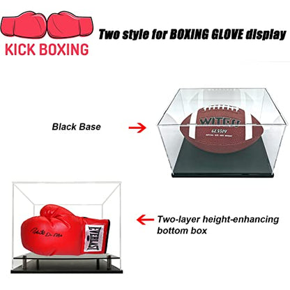 Clear Boxing Glove Display Case,Self-Assembly Acrylic Baseball Glove Display case for Full Size,Football Glove Display Case Holder Showcase.Baseball Mitt Ball Display Case with Black Base Riser Stand - size: Boxing Glove Display Case