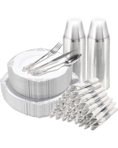 realluck 350 Piece White and Silver Dinnerware Set for 50 Guests - color: Silver