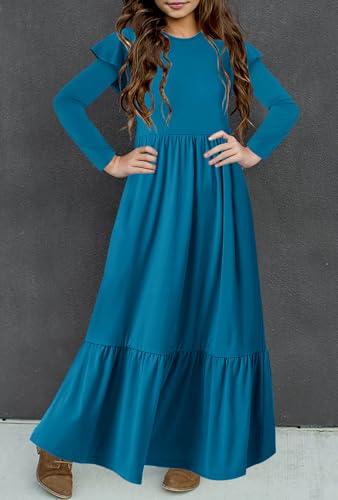 HOSIKA Girls Fall Ruffle Long Sleeve Crew Neck Loose Casual Flowy Tiered Maxi Dress with Pockets for 6-12 Y - color: Teal, size: 6 Years