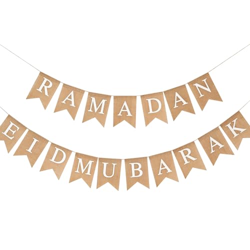 Ramadan Eid Mubarak Burlap Banner Muslim Fireplace Mantel Decoration Pre-Strung Ramadan Bunting for Wall Porch Party Indoor Outdoor Decor - color: Ramadan