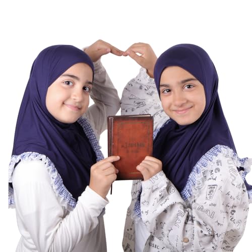 MuLanLegend Cotton Lace Hijab | Princess Nur | Girls Kids Instant Slip-on Scarf Sarong | Ligthweight and Comfortable - color: Navy Blue