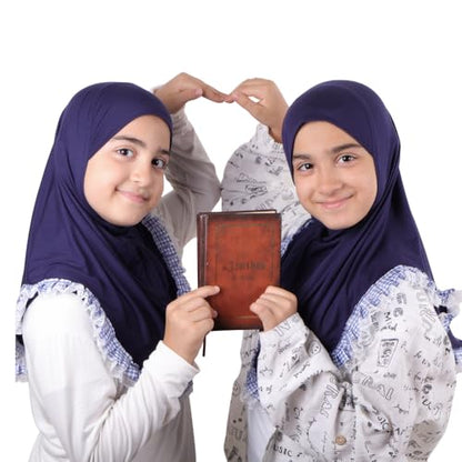 MuLanLegend Cotton Lace Hijab | Princess Nur | Girls Kids Instant Slip-on Scarf Sarong | Ligthweight and Comfortable - color: Navy Blue