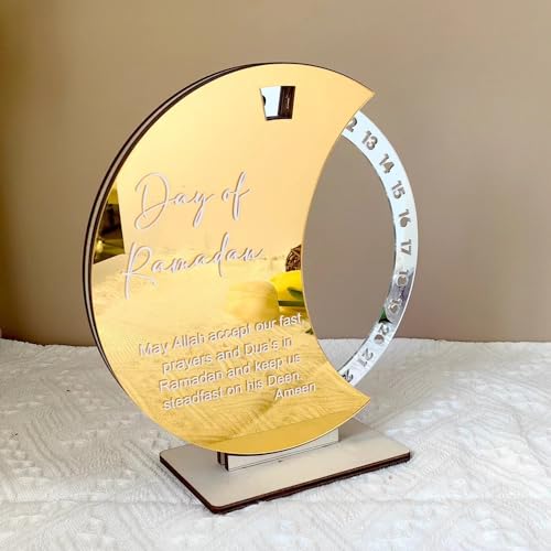 Ramadan Countdown Calendar, Acrylic Wooden Eid Mubarak Advent Countdown Calendar Rotating Moon Shaped Eid Calendar Ramadan Decorations Family Kids Gifts (Golden/silver) - color: Golden/silver