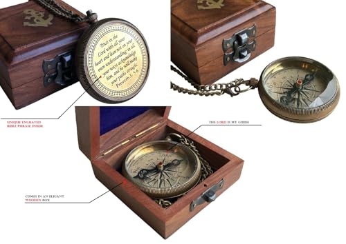 God is My Guide Brass Compass Gift with Display Box - Engraved Scripture Prayer Compass Religious Gift for Men & Women - Baptism, Confirmation, Communion Compass for Boys Graduation Gift (Aged Brass)