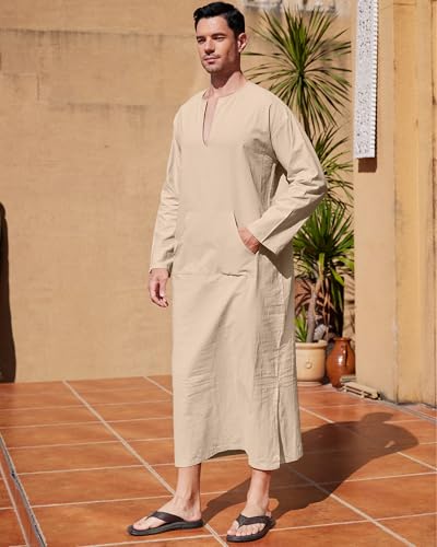 YAOHUOLE Men's Kaftan Thobe Long Sleeve Men Thobe Robe Side Split Men Thobe with Pockets Casual Thobe - color: Khaki-long Sleeve, size: Large