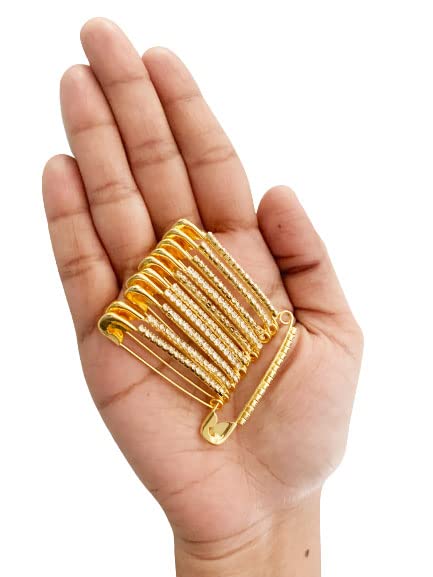 Golden Colour Diamonds Designer Safety pin Saree pin one Side of Safety pin - 12 Pack