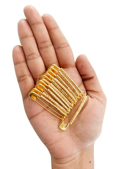 Golden Colour Diamonds Designer Safety pin Saree pin one Side of Safety pin - 12 Pack