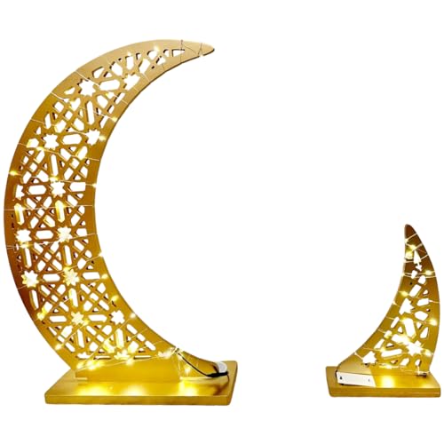 Arabian Theme String Moon Star Light Stand, Contemporary Theme Welcome Night Lights, Crescent Tree Décor, Glittery Table Décor, Big Wooden Moon Star with LED Fairy Lights (2Pcs, Medium) - color: 2Pcs, size: Medium