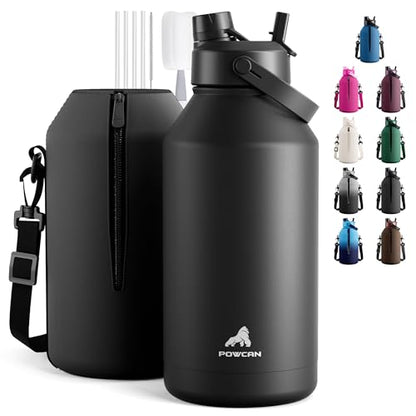 POWCAN 64 oz Insulated Water Bottle for Sports: 2-in-1 Straw & Spout Lid, Leakproof, Carrier Bag, Shoulder Strap, Keep Cold 48H, BPA-Free, Half Gallon Metal Water Jug for Gym, Travel, Gift (Midnight) - color: Midnight