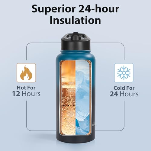 Water Bottle, BPA Free Insulated Stainless Steel, 32oz, Dual lids, Keep Cold 24H, Large Flask, Wide Mouth, Double Wall Metal Sport Drink Bottle, Hiking, Gym, Camping, Deep Teal & Onyx - color: Deep Teal & Onyx