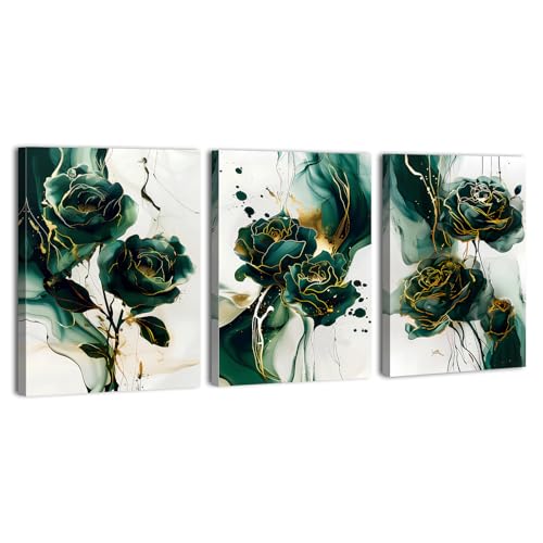 Green and Gold Wall Art Emerald Green Botanical Prints Pictures Abstract Marble Flower Wall Decor Boho Plant Canvas Paintings Modern Artwork for Bathroom Living Room Home Decorations 12x16" 3Pcs - color: Marble Floral, size: 16"L x 12"W