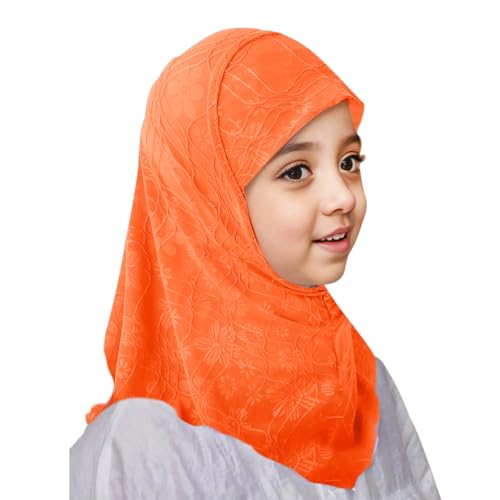 2PCS Girls Hijab Scarf Muslim Kids Amira Instant Hijab Headscarf Flower Head Wrap Scarf Turban for Age 2-6 Years - color: Orange + Rose