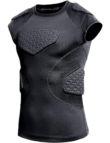 COOLOMG Youth Football Padded Shirt Chest Rib Protector | Football Compression Undershirt Heart Sternum Shoulder Protection - color: Black, size: X-Small