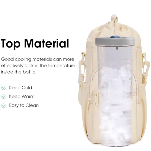 sportsnew 40oz Insulated Crossbody Water Bottle Bag Gym Hiking Phone Pocket | Water-resistant Lining, Padded Strap, Top Handle, Drawstring, Phone Pocket, Elastic Slots, Built-In Key Clip for Gym Walking - color: Beige
