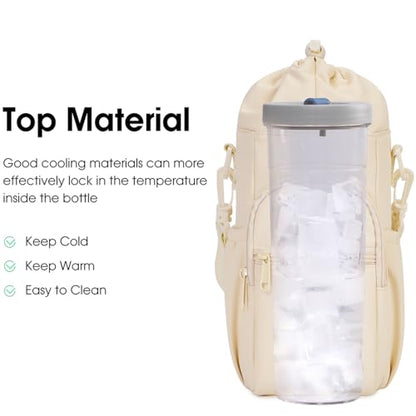 sportsnew 40oz Insulated Crossbody Water Bottle Bag Gym Hiking Phone Pocket | Water-resistant Lining, Padded Strap, Top Handle, Drawstring, Phone Pocket, Elastic Slots, Built-In Key Clip for Gym Walking - color: Beige