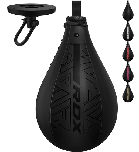 RDX Speed Bag Boxing Ball, Maya Hide Leather Dodge Striking Target with Additional Bladder, MMA Muay Thai Punching Workout Kicking Martial Arts Training Home Gym Exercise Speedball - color: BLACK, size: Speed Bag with Swivel