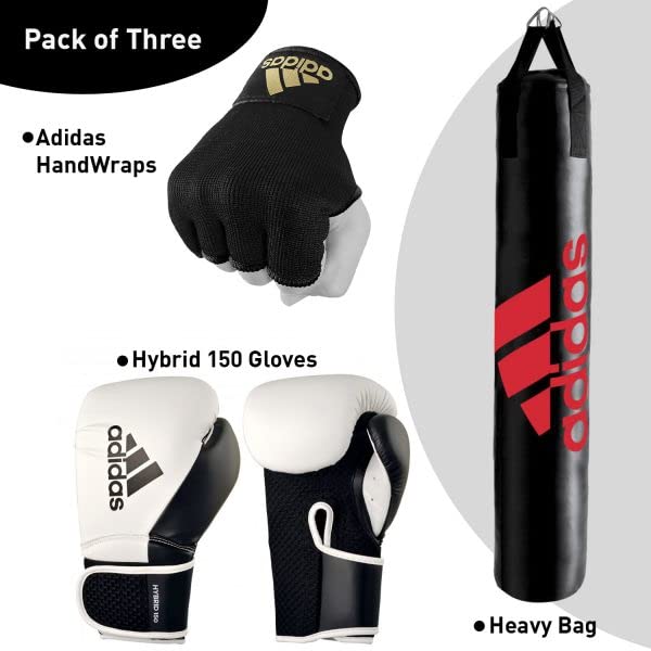 Adidas Home use Heavy Bag with Hybrid 150 Boxing Gloves and Protective Inner gloves - Home Gym Bundle deal- For Boxing , Kick Boxing Punching and Training - Red, Gold, White, Black, - Sizes 10 0z, 12 oz, 16 oz,4ft, 5ft, Medium - color: BlackRed/WhiteBlack