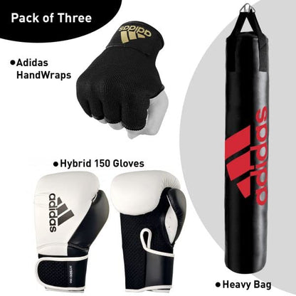 Adidas Home use Heavy Bag with Hybrid 150 Boxing Gloves and Protective Inner gloves - Home Gym Bundle deal- For Boxing , Kick Boxing Punching and Training - Red, Gold, White, Black, - Sizes 10 0z, 12 oz, 16 oz,4ft, 5ft, Medium - color: BlackRed/WhiteBlack