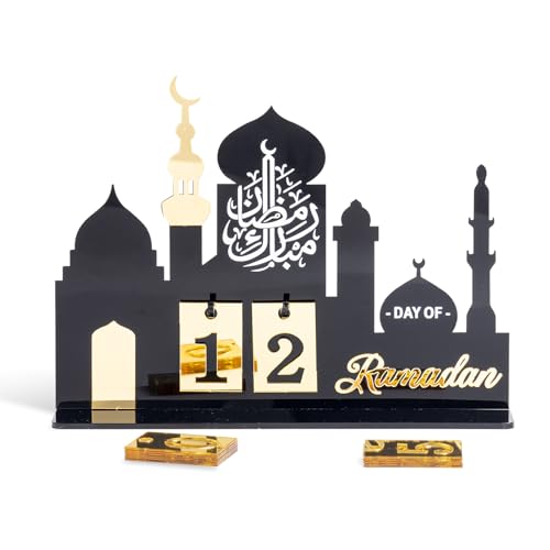 2026 Ramadan Advent Countdown Calendar, Black Gold Acrylic Mosque Table Decor Crescent Moon, Eid Mubarak Gifts for Family, Islamic Muslim Ramadan Kareem Decorations for Home Party Supplies
