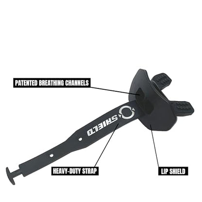 O Shield Striker Football Lip Guard with Permanent Strap | Permanent strap for tackle football, front teeth and full bite coverage, no boil, brace friendly - color: Black