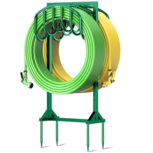 Garden Water Hose Holder Holds 2 * 150Ft Hoses, Heavy-Duty Metal Freestanding Hose Holder with 4 Spikes, Rustproof Garden Hose Hanger Storage for Outside, Yard, Lawn - color: Green